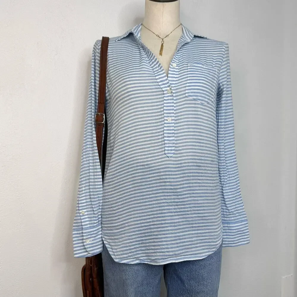 J.Crew Coastal Striped Cotton Popover – Blue White Seersucker Preppy Shirt XXS